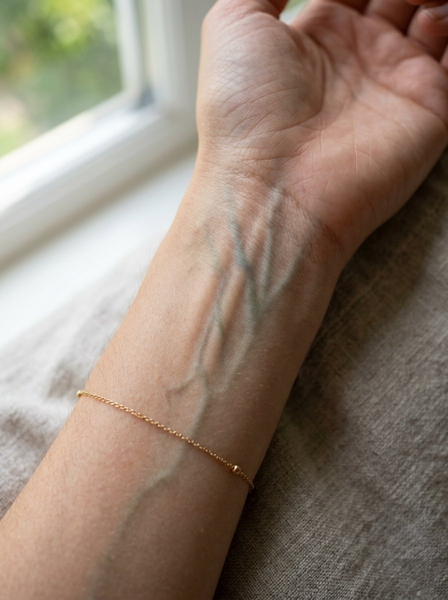 Close-up of a human inner forearm showing prominent blue veins and a delicate gold chain bracelet.
