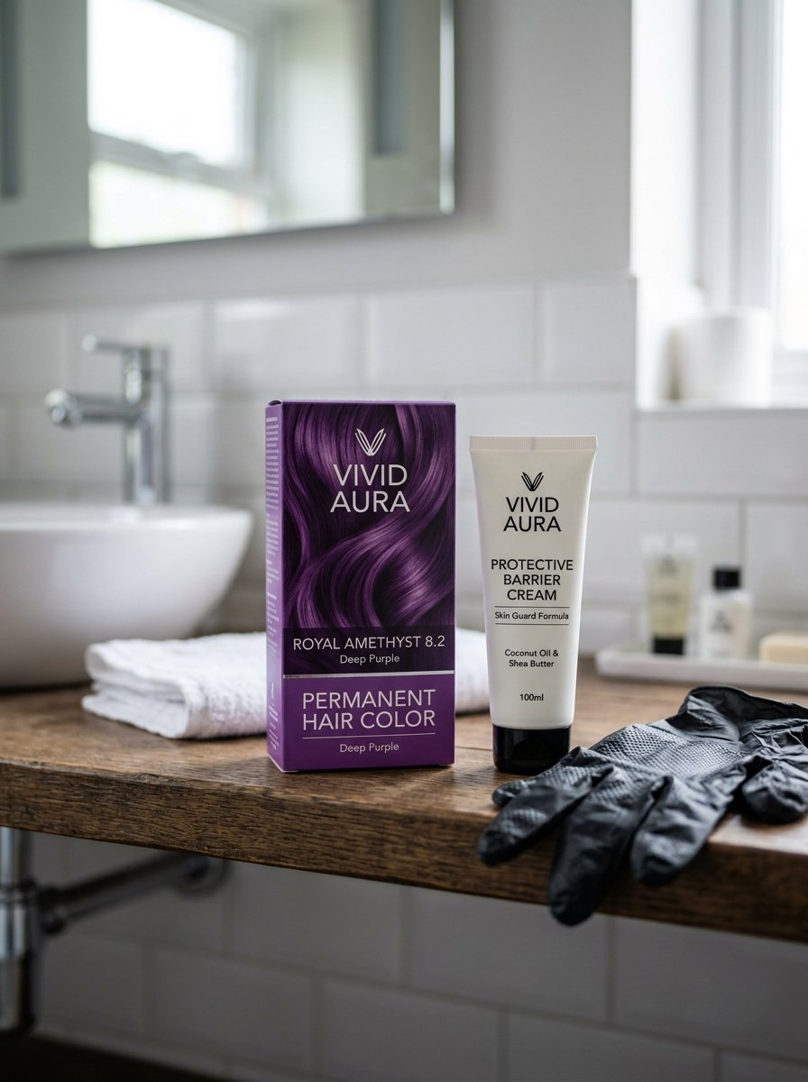 Purple hair dye box, protective cream, and black gloves on a wooden bathroom counter.
