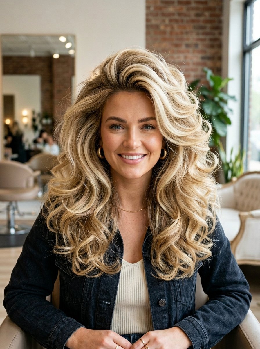 Portrait of a smiling woman with thick bouncy golden blonde curls wearing a dark denim jacket in a salon.
