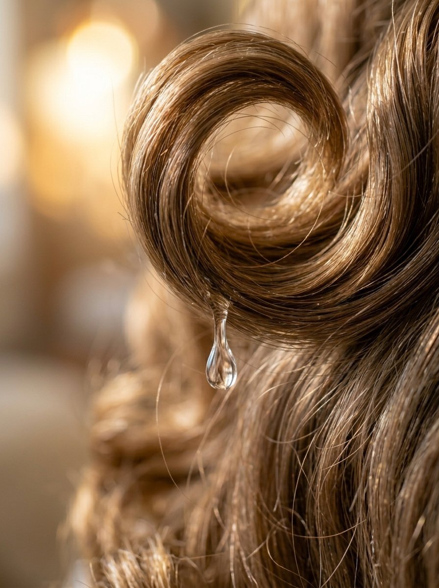 Close-up of a single water droplet hanging from a perfect ringlet of brown hair.