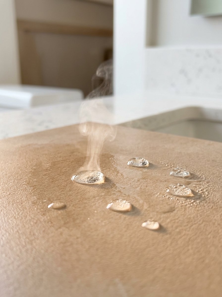 Close-up of small water beads resting on a beige surface with vapor rising from the largest drop.