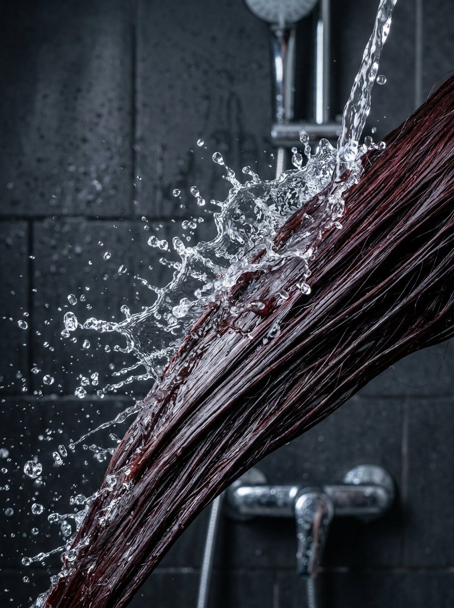 Close up of a stream of water splashing onto wet auburn hair in a modern tiled shower.