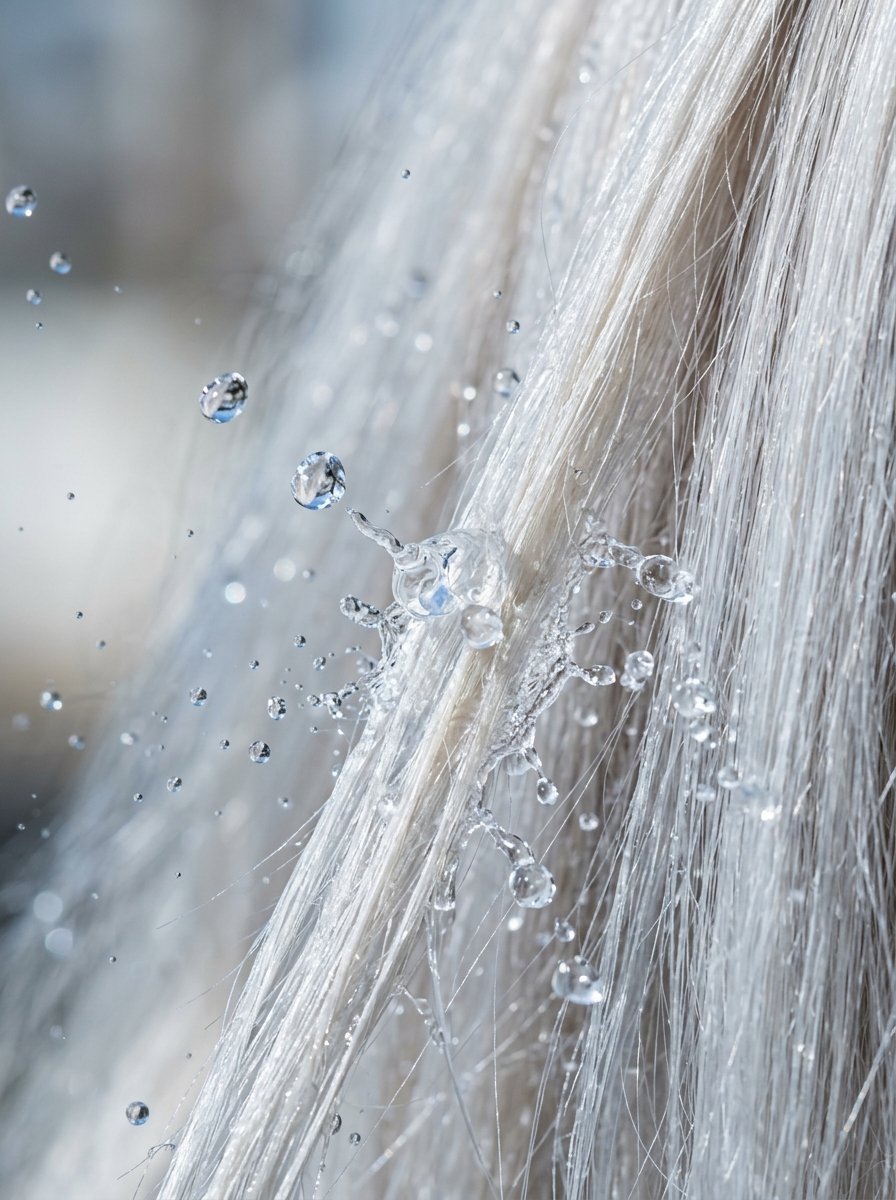 Close up of liquid beads hitting wet blonde hair, creating a dynamic splash effect.