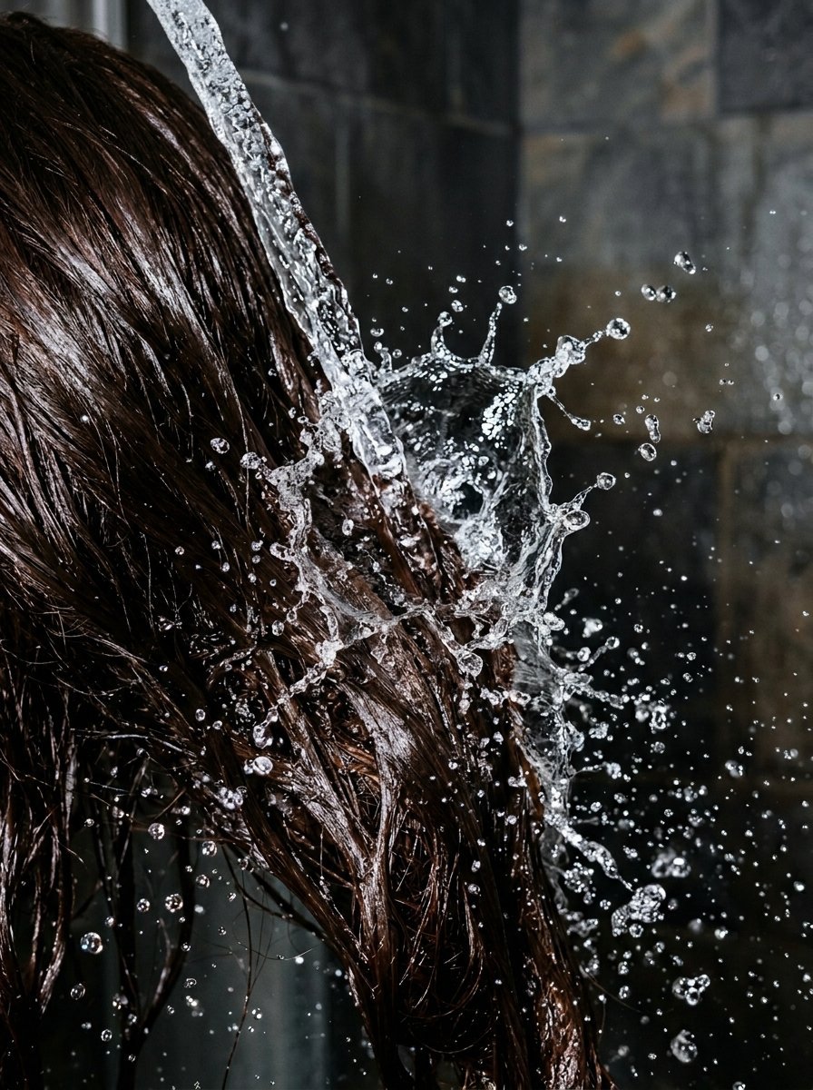 Close-up action shot of a stream of water splashing against wet dark hair in a shower.
