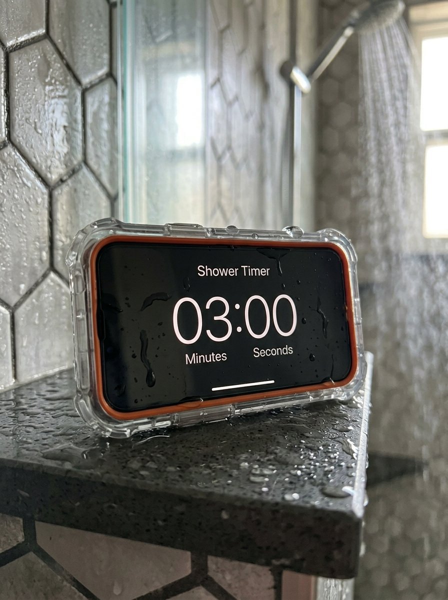 Smartphone in a protective case resting on a wet tiled ledge during a shower.