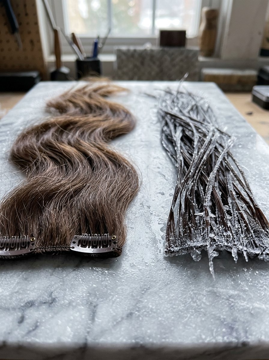 One wavy brown hair clip-in extension sits next to a damp, icy section of hair on a marble surface.