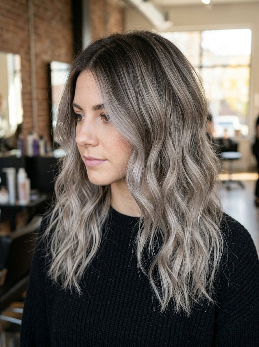 Profile view of a woman with long, textured, ash-toned highlighted waves wearing a black knit sweater.