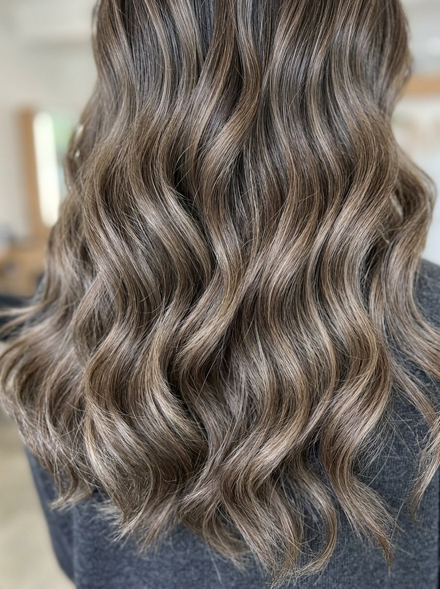 Close up view of wavy brown hair featuring soft light brown and ash highlights.