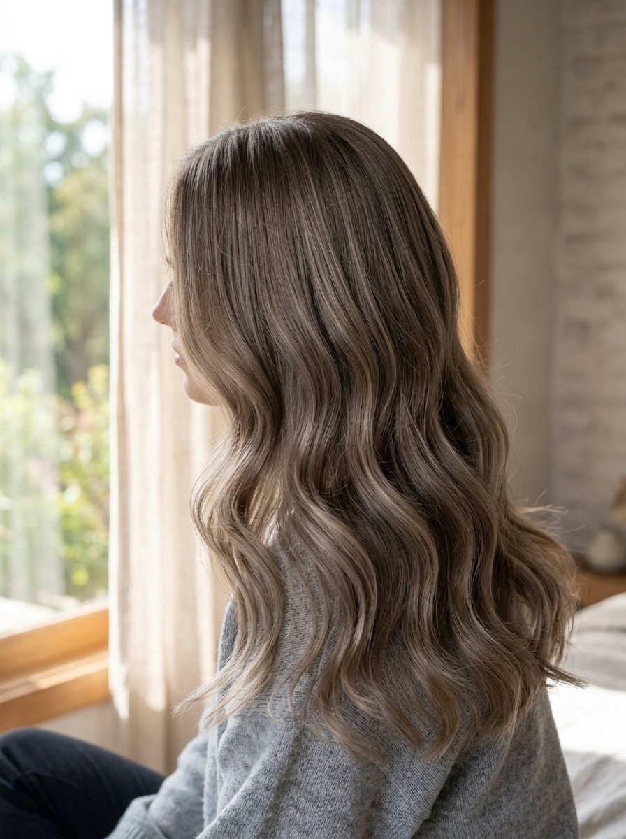 Close up of a woman with long wavy brunette hair by a window