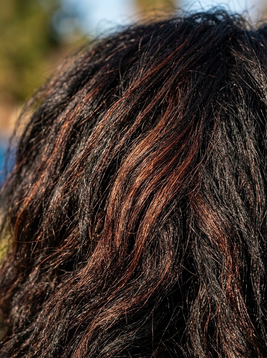 A macro shot showing the textured strands of dark hair featuring subtle auburn streaks in natural sunlight.