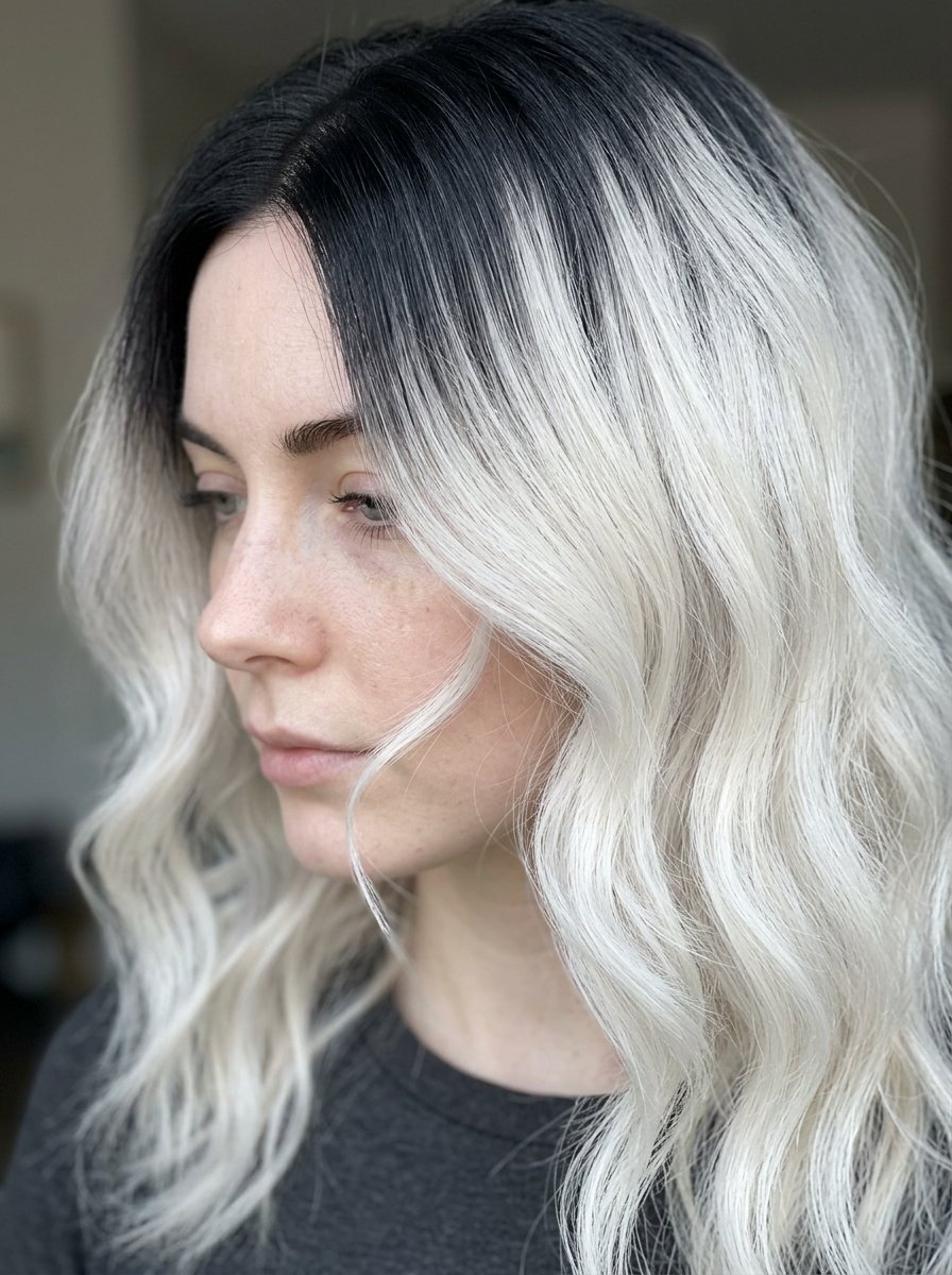 Close up of a woman showing her wavy, platinum blonde hair with a noticeable dark root smudge.