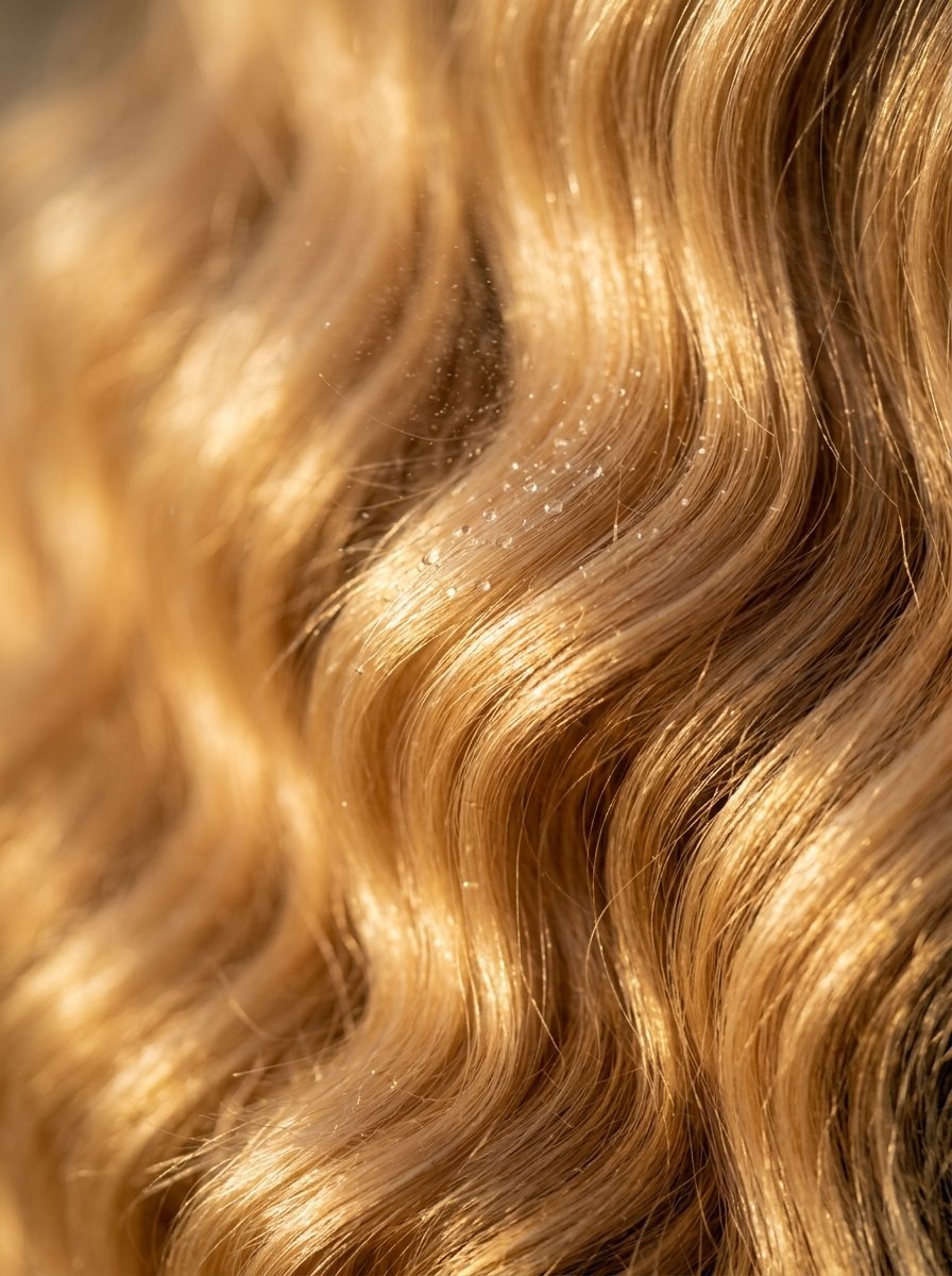 Detailed view of sunlit wavy blonde hair covered in fine mist or dew drops.