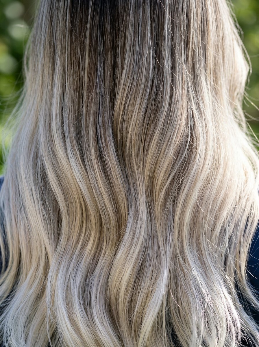 Long wavy hair with dark roots blending into bright platinum blonde highlights outdoors.
