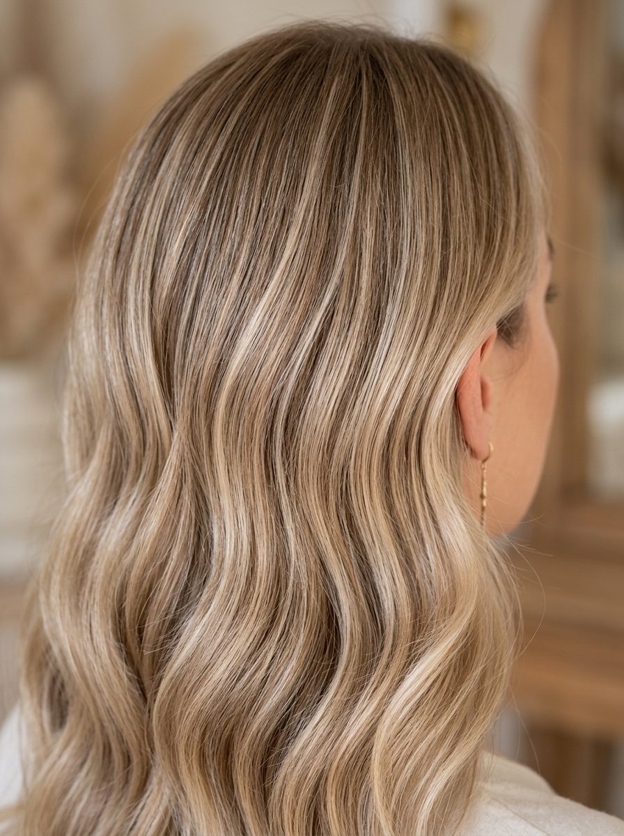 Close-up of a person with wavy, highlighted blonde hair viewed from the back and side.