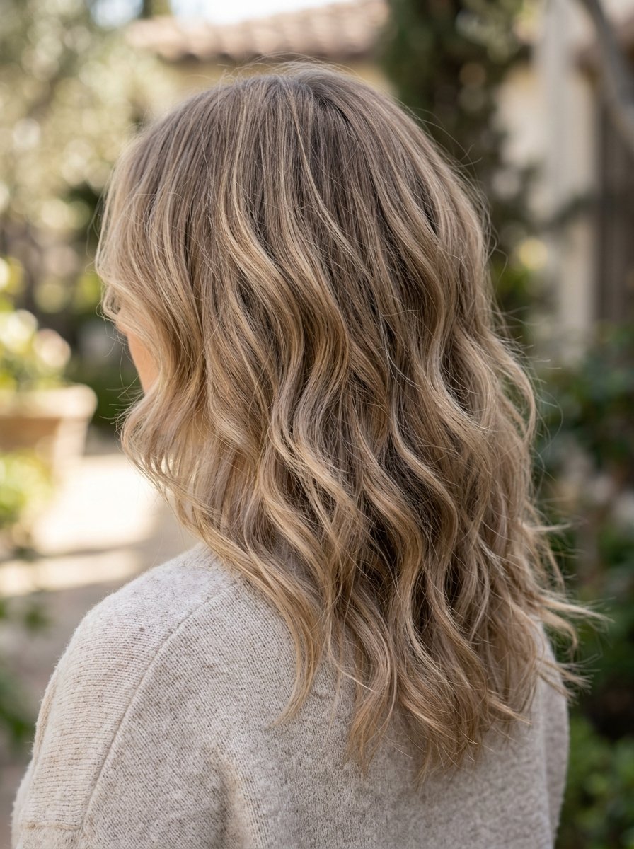 Back view of a woman with long wavy blonde hair featuring soft highlights and wearing a beige textured sweater.