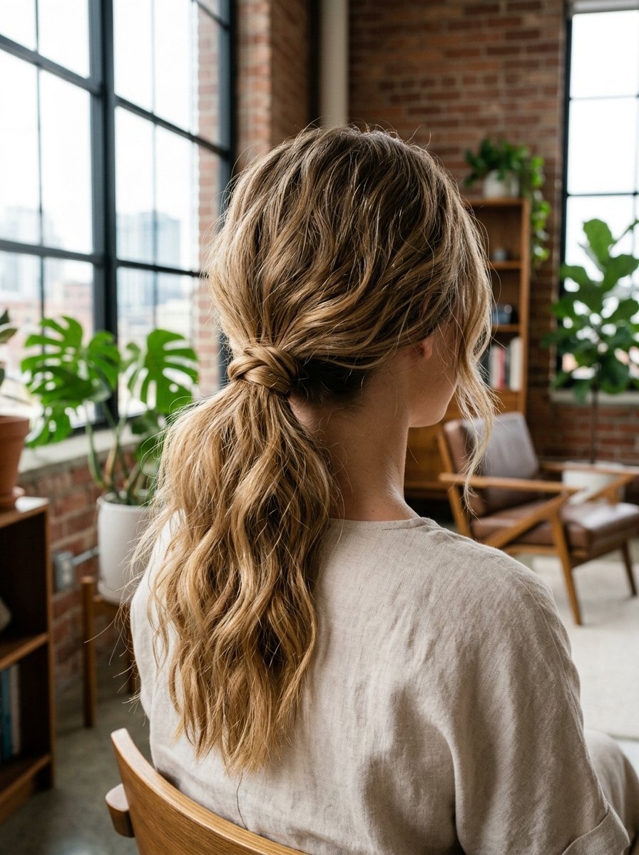 Back view of a woman with long wavy blonde hair secured in a low ponytail against a modern brick wall office.