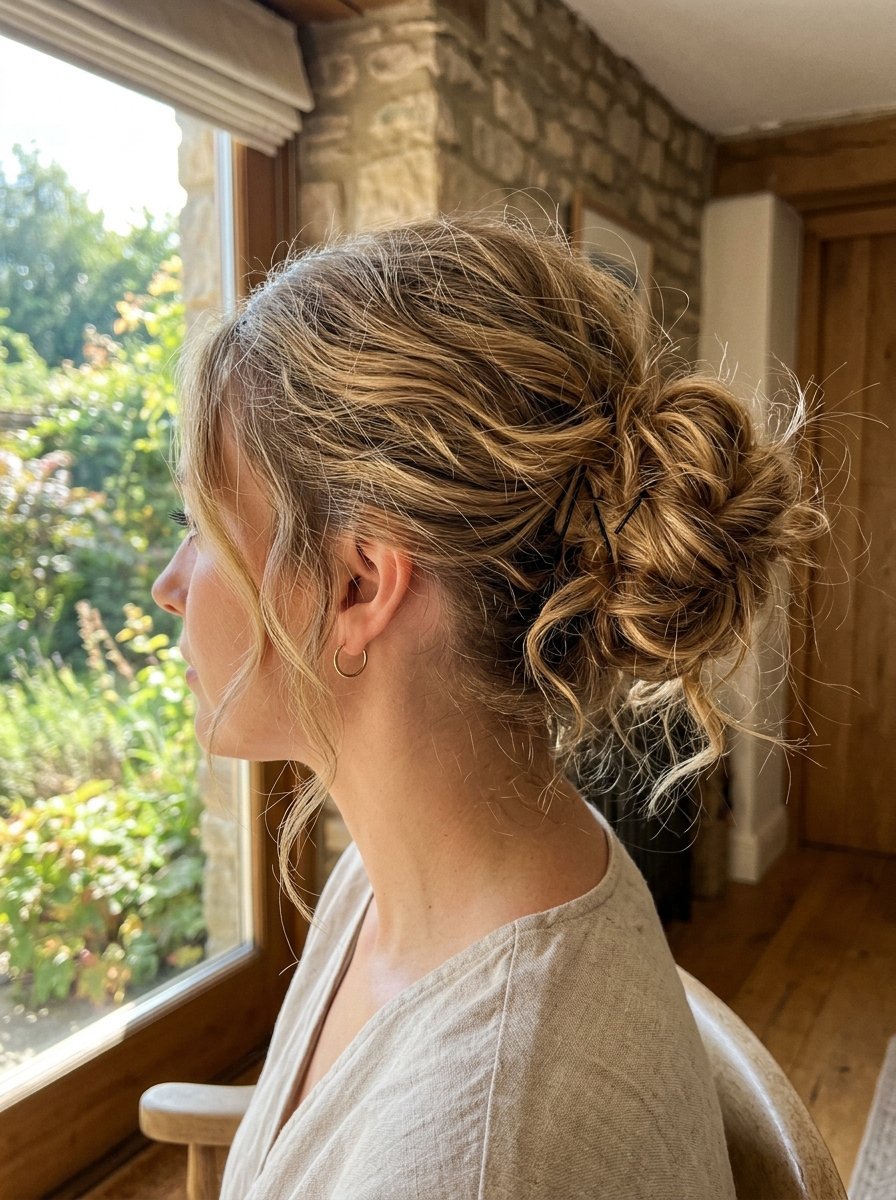 Close up of a blonde woman wearing her wavy hair in a loose, messy bun by a sunny window.