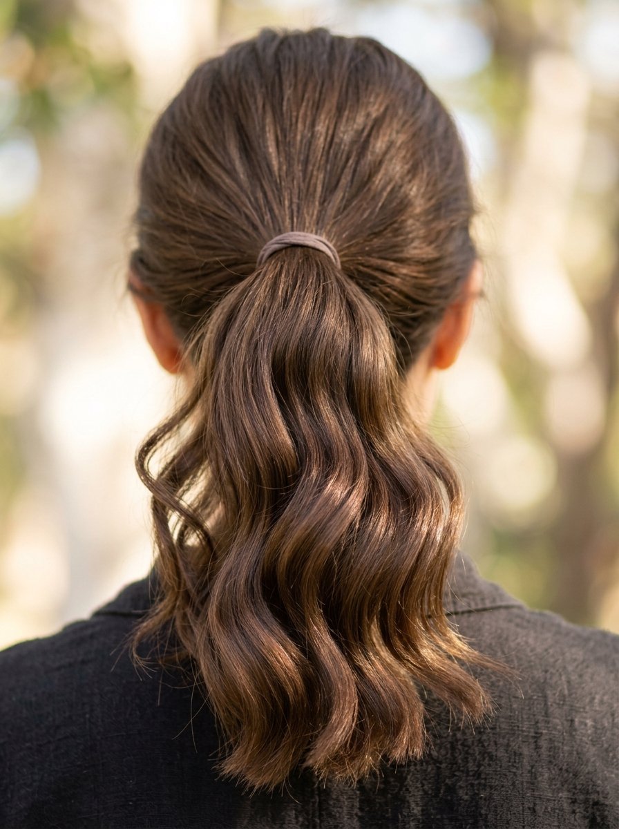 Back view of a person with shoulder-length wavy brunette hair tied in a simple ponytail outdoors.