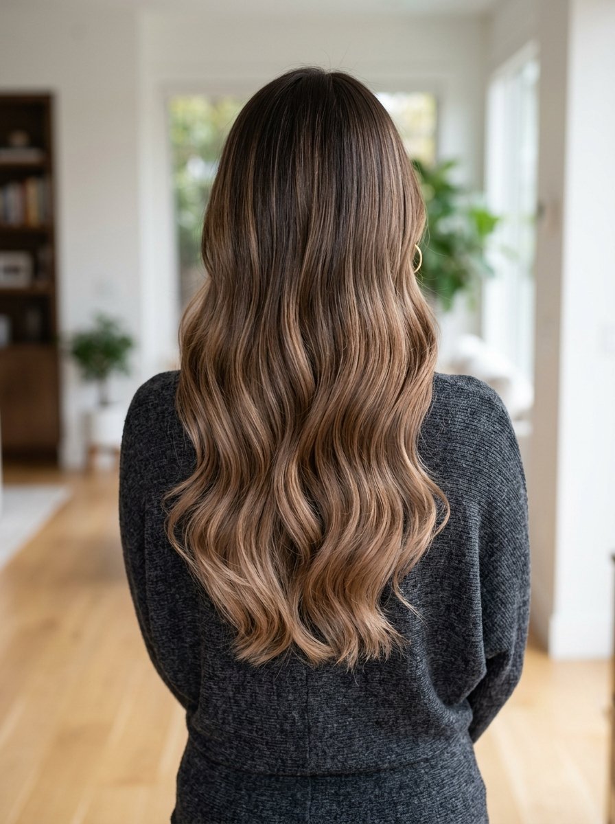 Back view of a person with long wavy brown hair wearing a dark gray sweater in a bright room