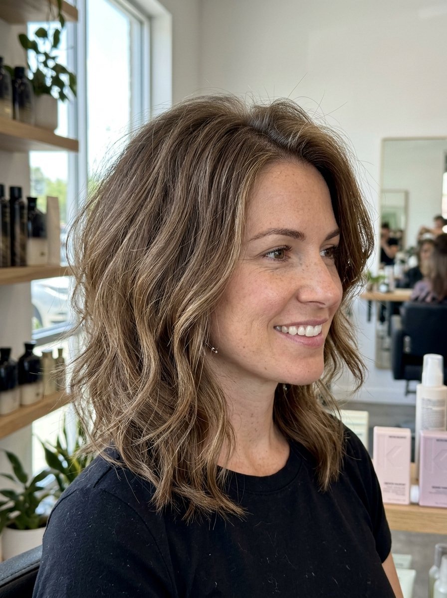 Profile view of a smiling woman showing off a textured brunette lob haircut with subtle highlights.