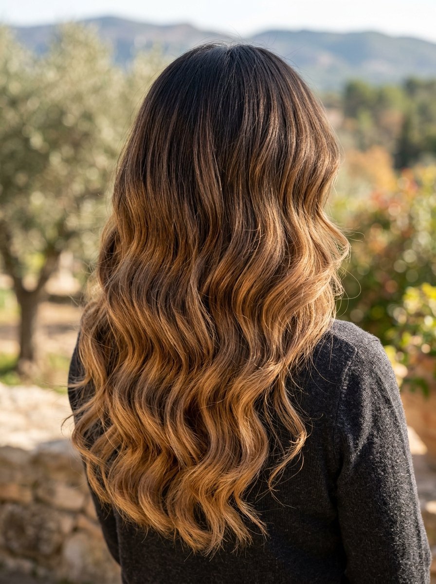 Back view of a woman with long, wavy brown hair with caramel highlights, wearing a dark sweater.