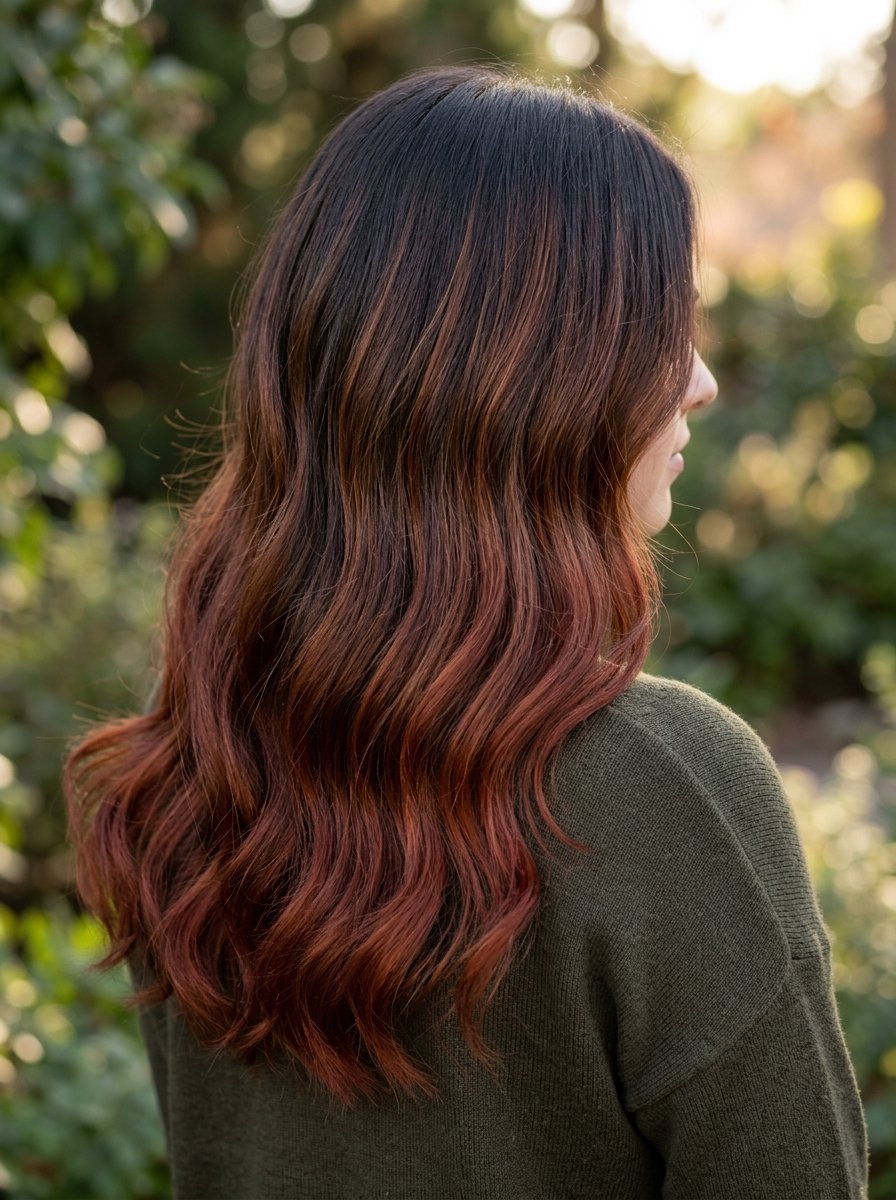 Back view of a person with long wavy hair transitioning from dark roots to reddish-brown tips outdoors.