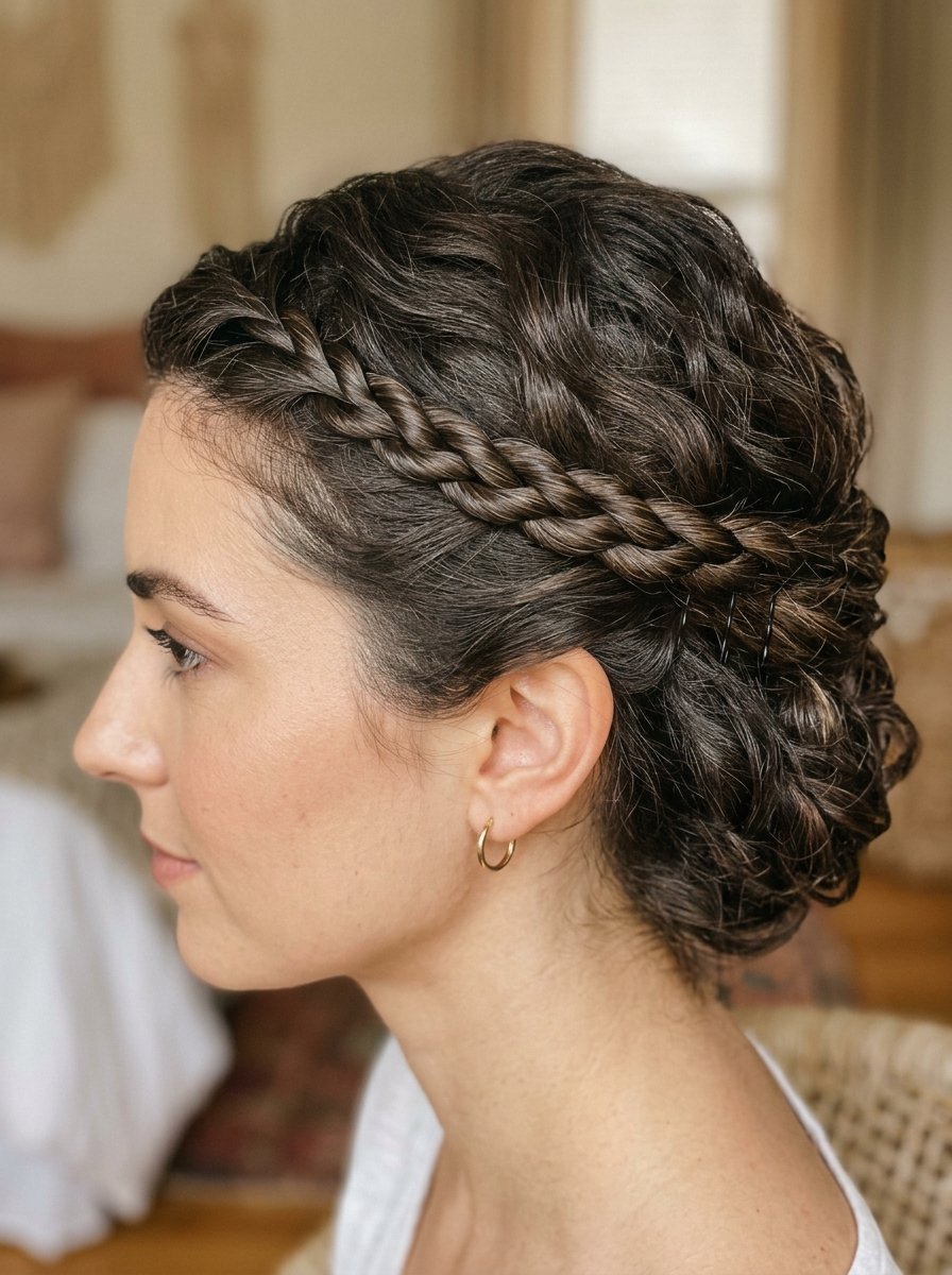 Close-up of a woman in profile wearing a sophisticated braided updo with wavy brown hair texture.