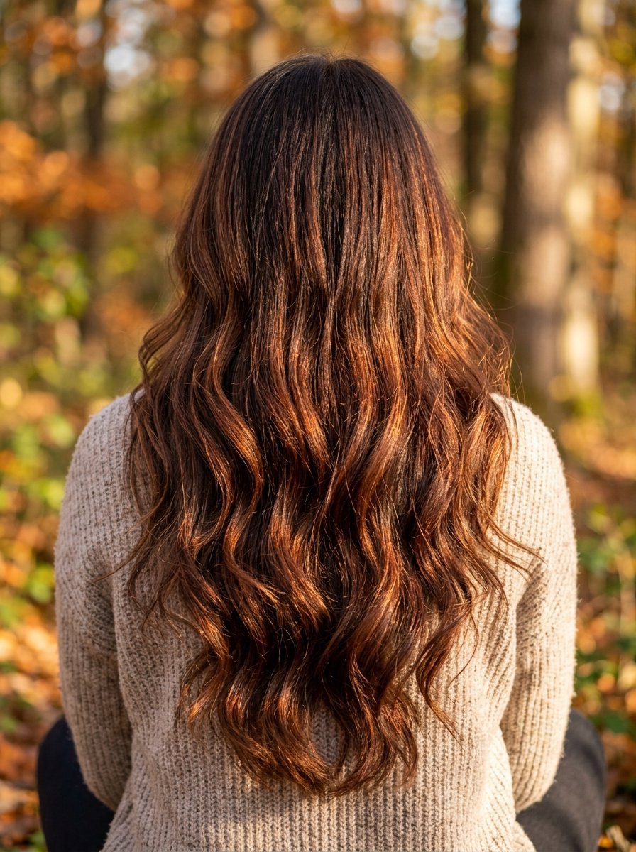 Back view of a person with long, flowing wavy brown and red highlights wearing a beige sweater in an outdoor park.