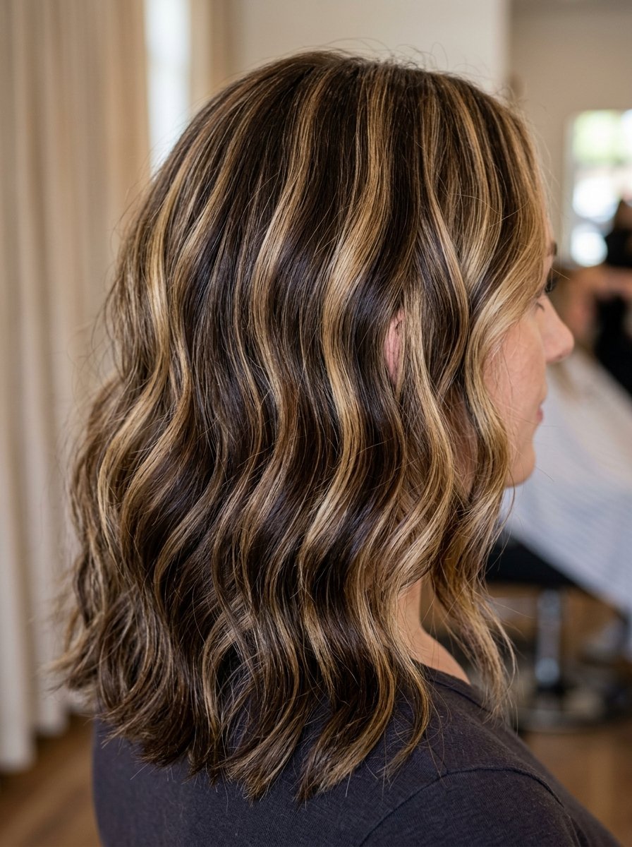 A woman seen from behind with wavy, shoulder-length dark brown hair featuring high-contrast blonde highlights.