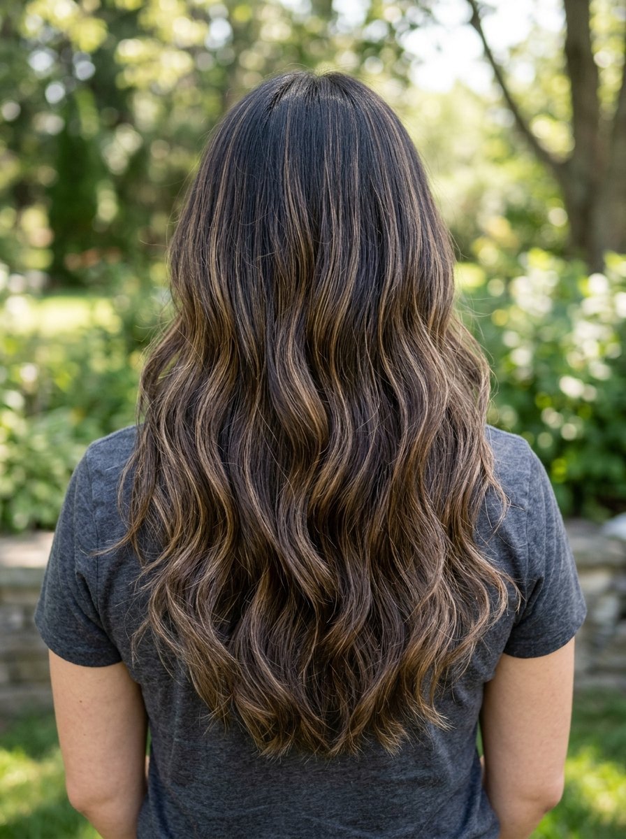 Back view of a person with long, wavy dark brown hair featuring subtle golden-brown highlights.