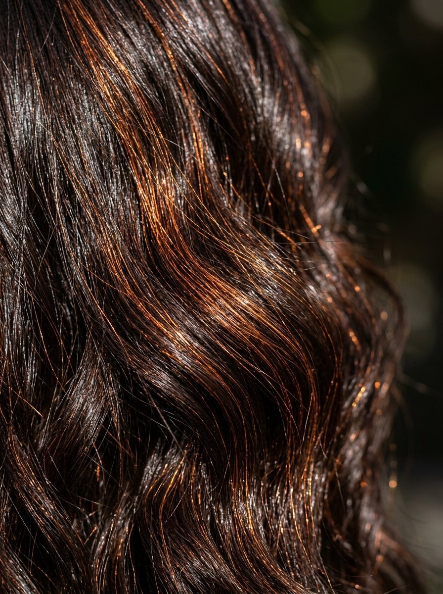 Close-up of wavy dark brown hair strands illuminated by sunlight showing reddish-copper highlights.