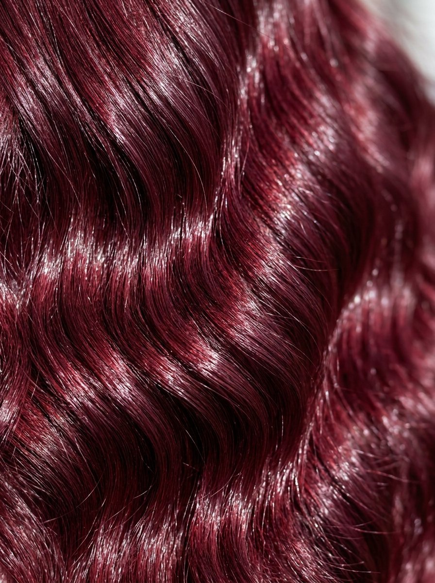 Lustrous dark crimson wavy hair with a glossy finish and natural texture.