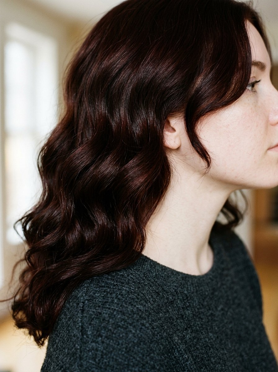 Profile view of a person with deep reddish-brown hair and a grey sweater.