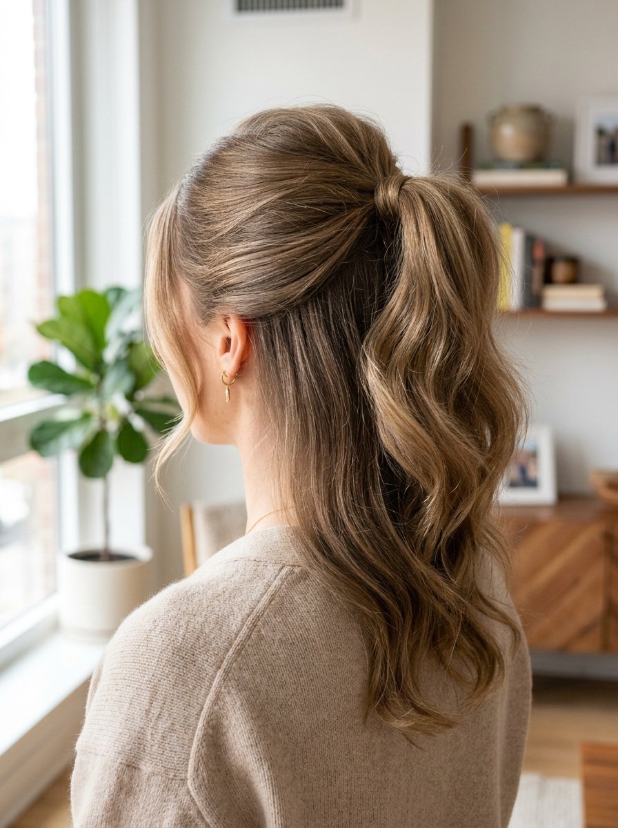 Woman viewed from behind showing her light brown hair styled in a half-up ponytail with loose waves.