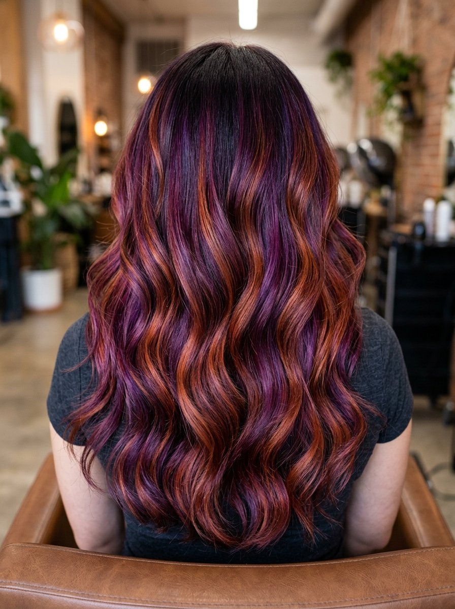 Back view of long wavy hair with a vibrant blend of purple and copper color highlights in a salon setting.