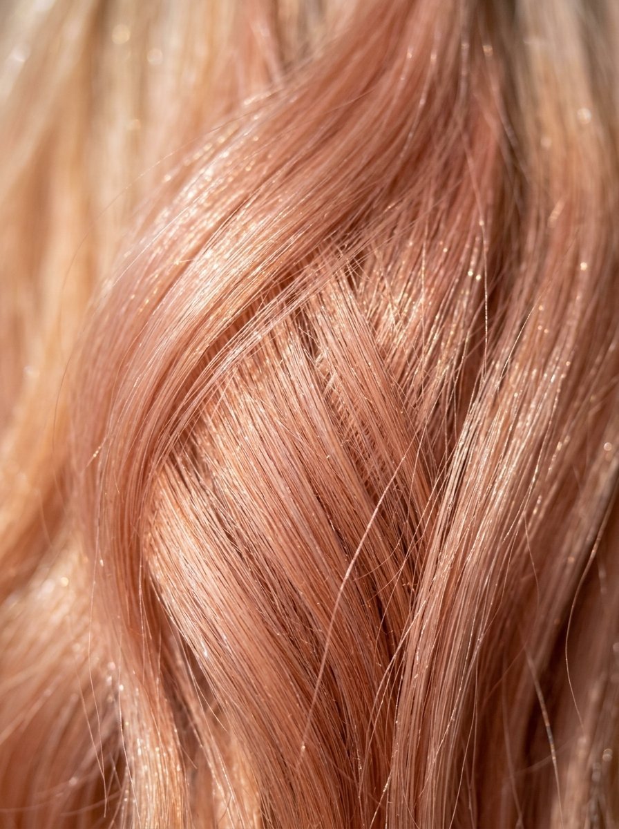 Macro view of light brown hair strands with a soft pinkish metallic sheen and subtle highlights.