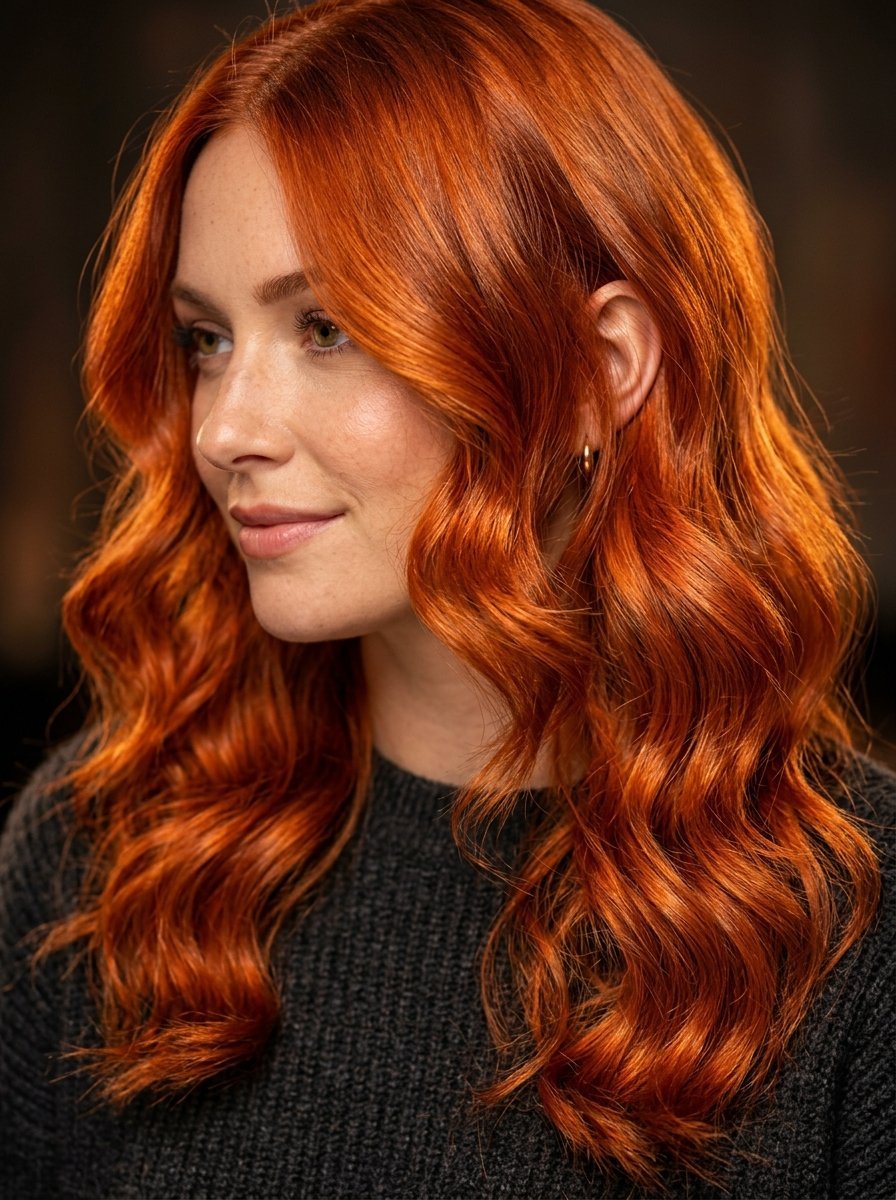 Close up profile of a woman with long ginger waves wearing a black sweater.