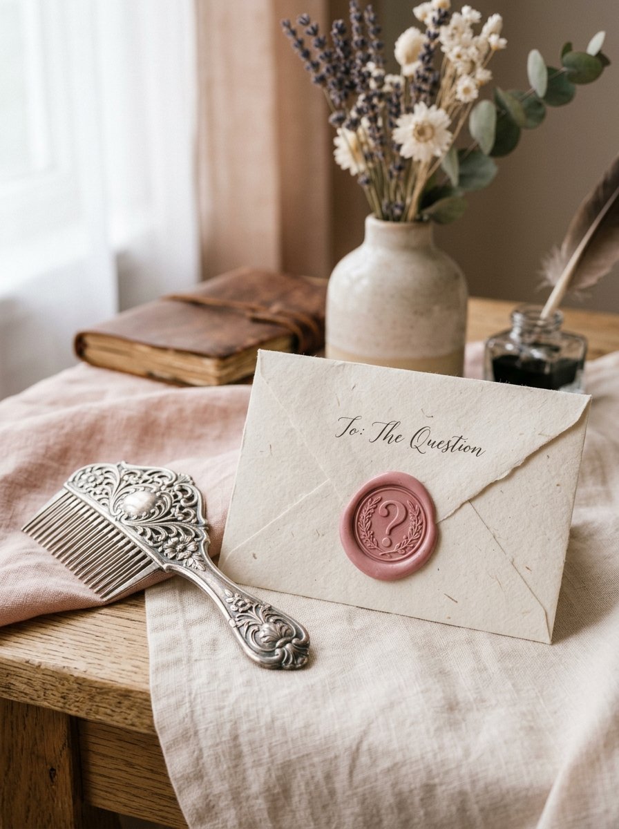 A rustic envelope sealed with a pink wax seal featuring a question mark, resting next to an ornate silver hair comb.