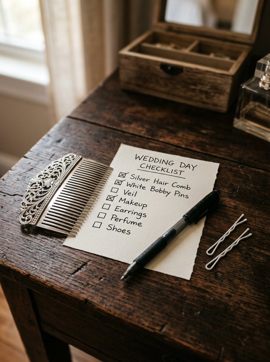 A bridal list on paper with a decorative silver hair comb, a black pen, and two white bobby pins on a table.