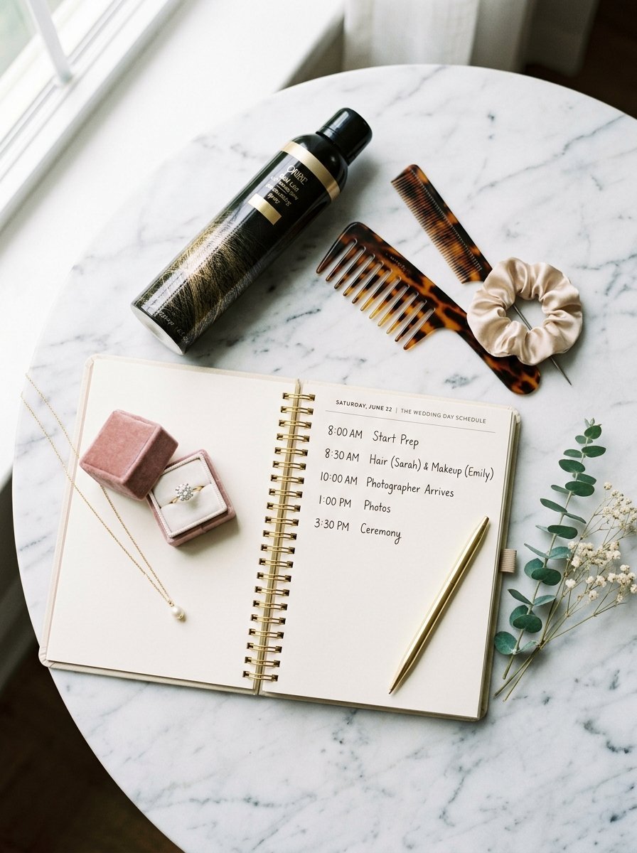 A bridal planner book next to a ring box, hair products, and jewelry on a white marble surface.