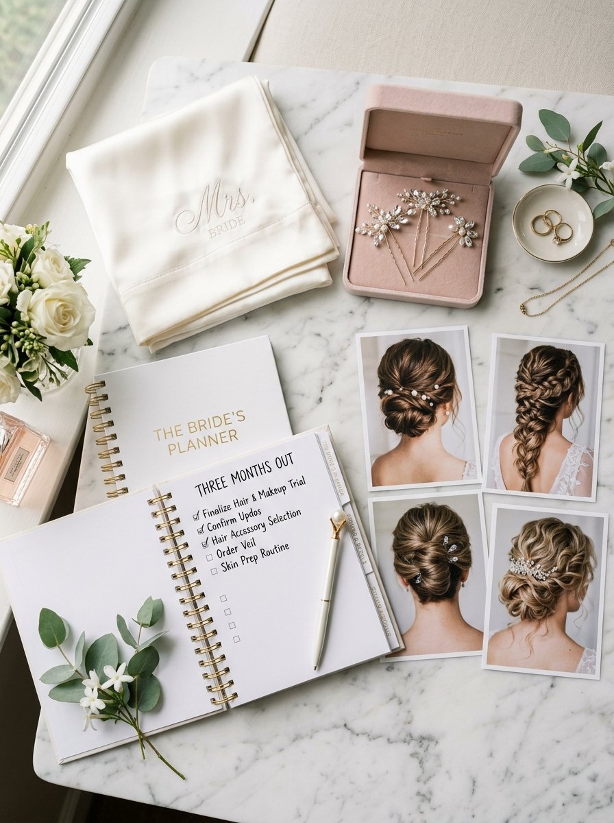 A bridal planner checklist, hair accessory pins, and four photos of wedding hairstyles laid on a marble tabletop.