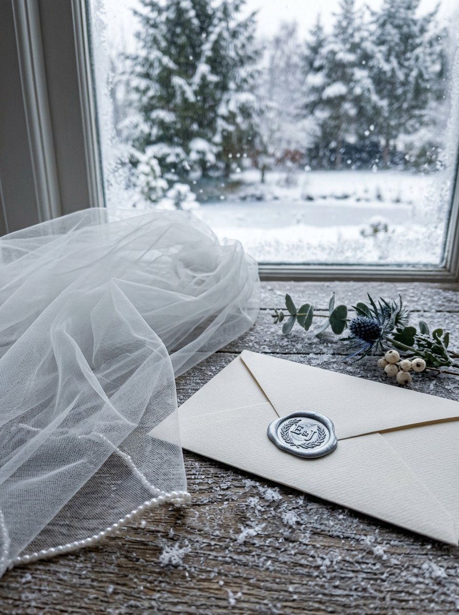 White bridal veil and cream envelope with silver wax seal on a frosty wooden surface with winter trees outside.