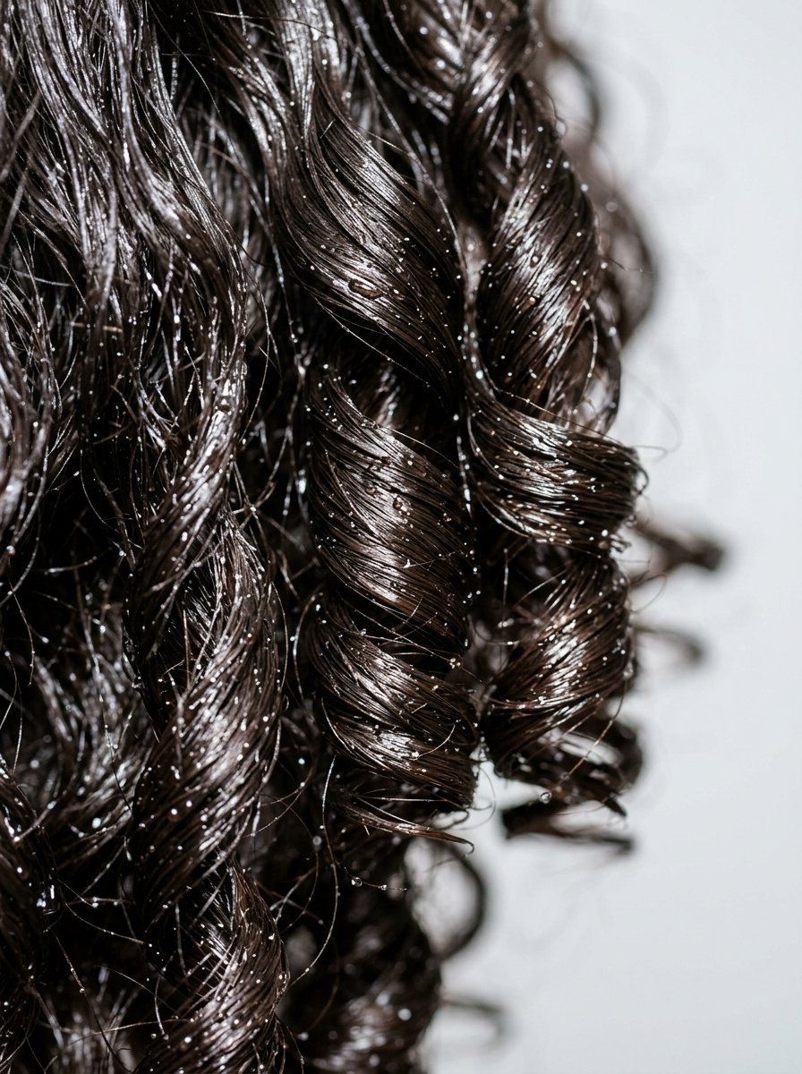Wet dark brown curls with tiny white specks of hair styling product throughout the texture.