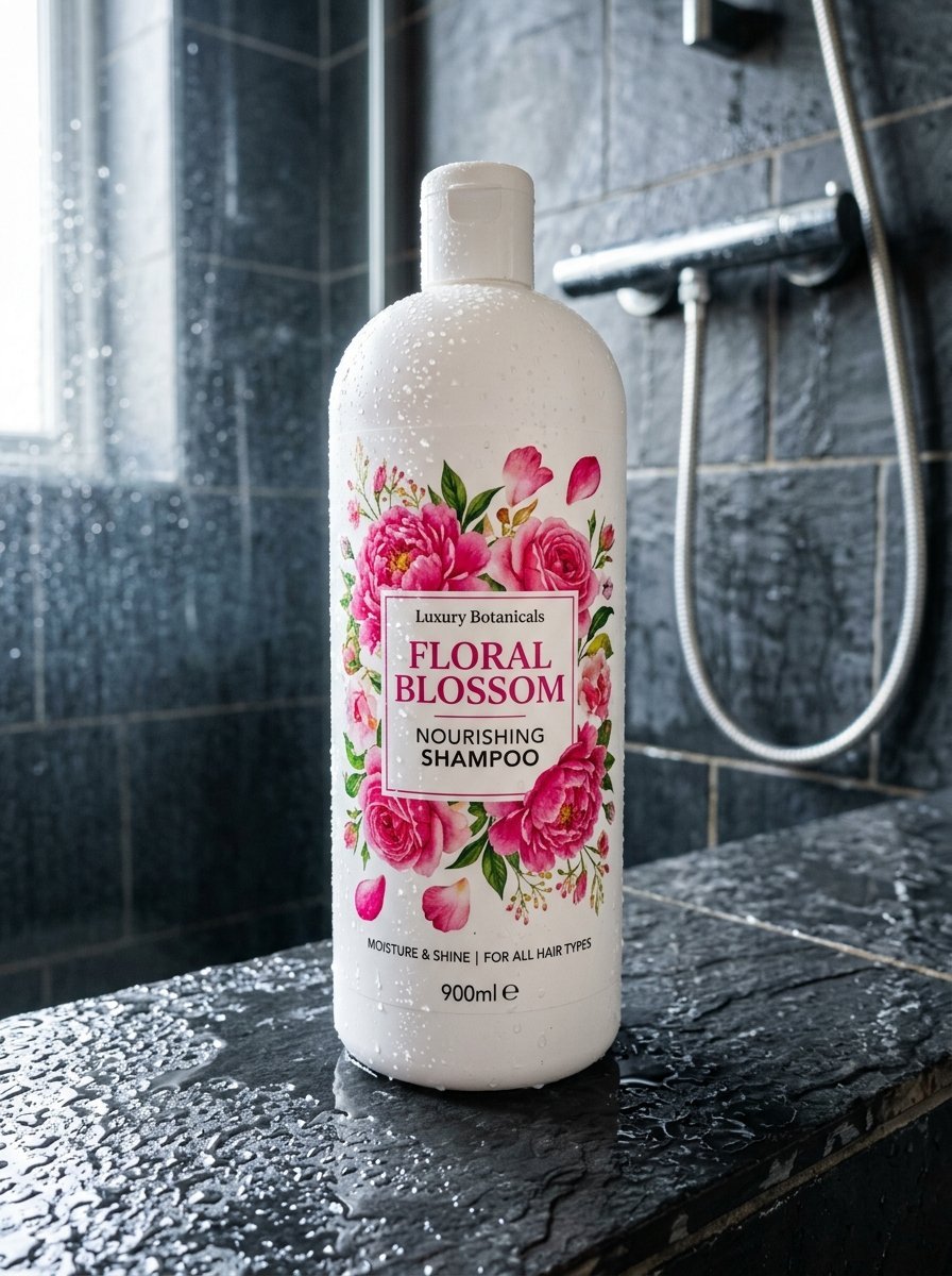 Bottle of white shampoo with pink flower art sitting on a wet black tiled shower ledge with water droplets.