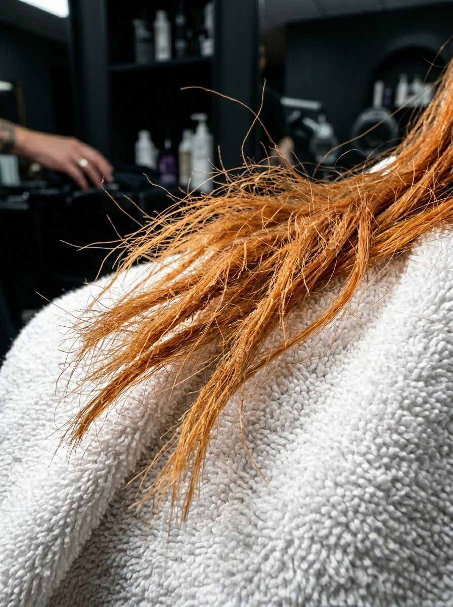 Wet copper colored strands of hair drying on a textured white towel in a salon setting.