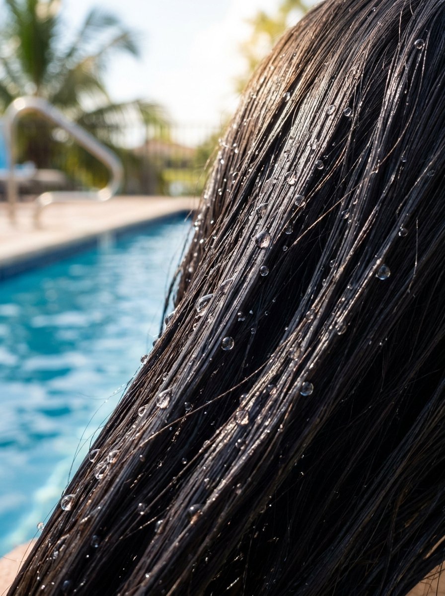 Close-up of wet dark hair with water droplets shining in the sun, with a blurred blue pool in the background.