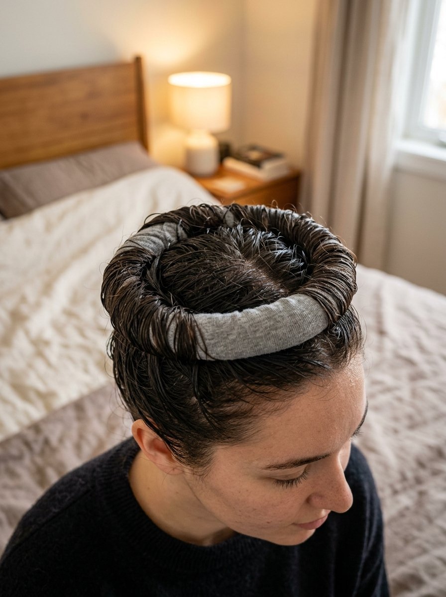 A close-up view of a person with dark, damp hair wrapped around a grey circular fabric curling tool on their head.