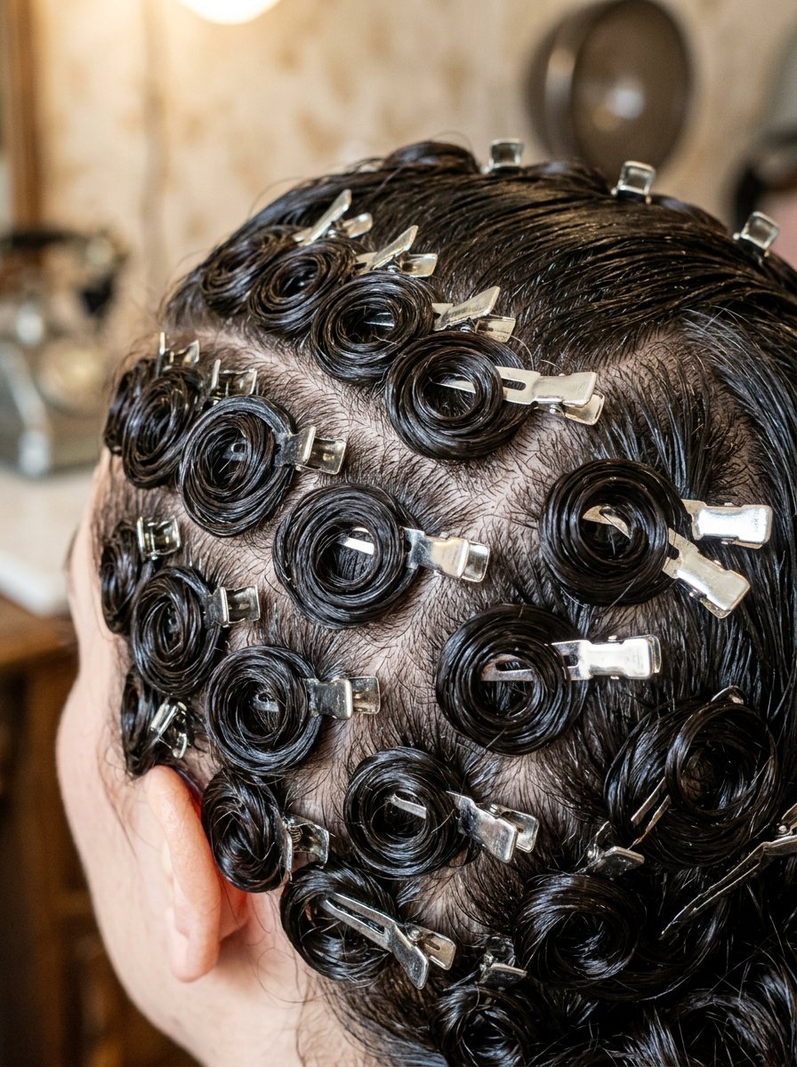 Wet dark hair parted and secured with silver metal hair clips into tight circular pin curl patterns.