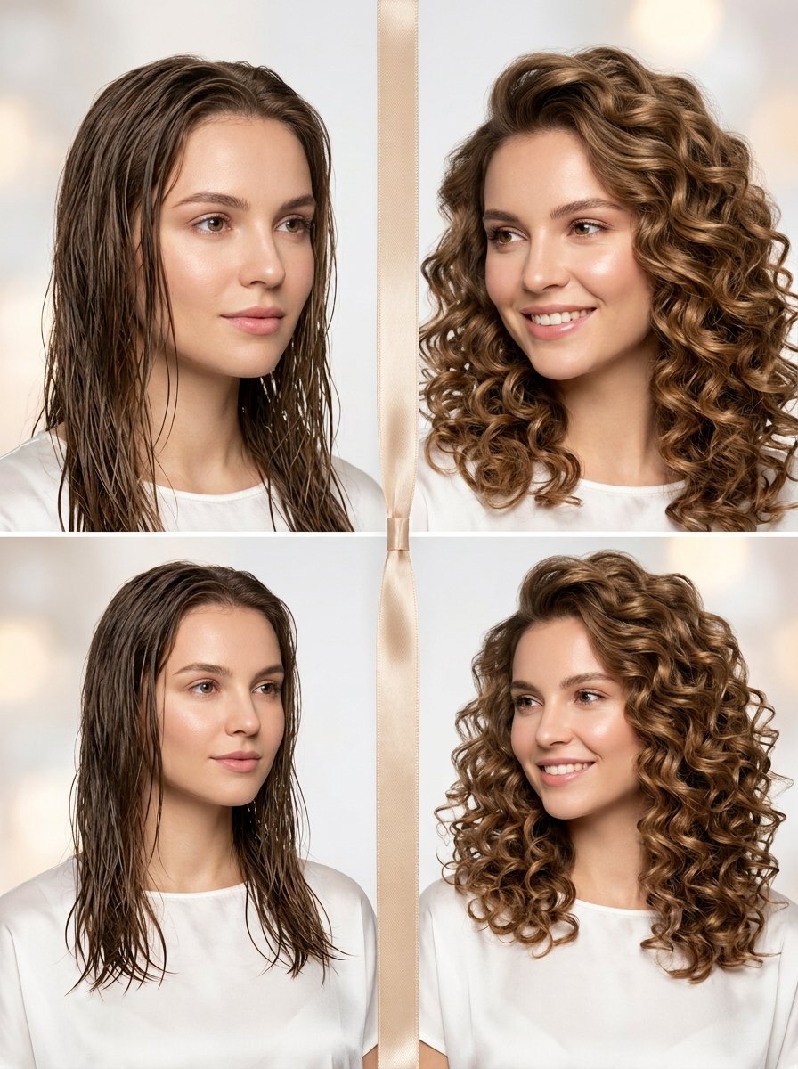 Comparison of a woman with wet hair versus styled bouncy brown curls separated by a vertical ribbon.