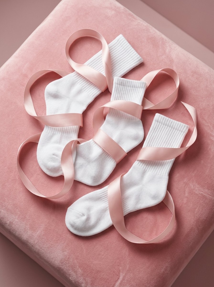 White crew socks arranged on a plush pink surface and decorated with soft silk ribbon loops.